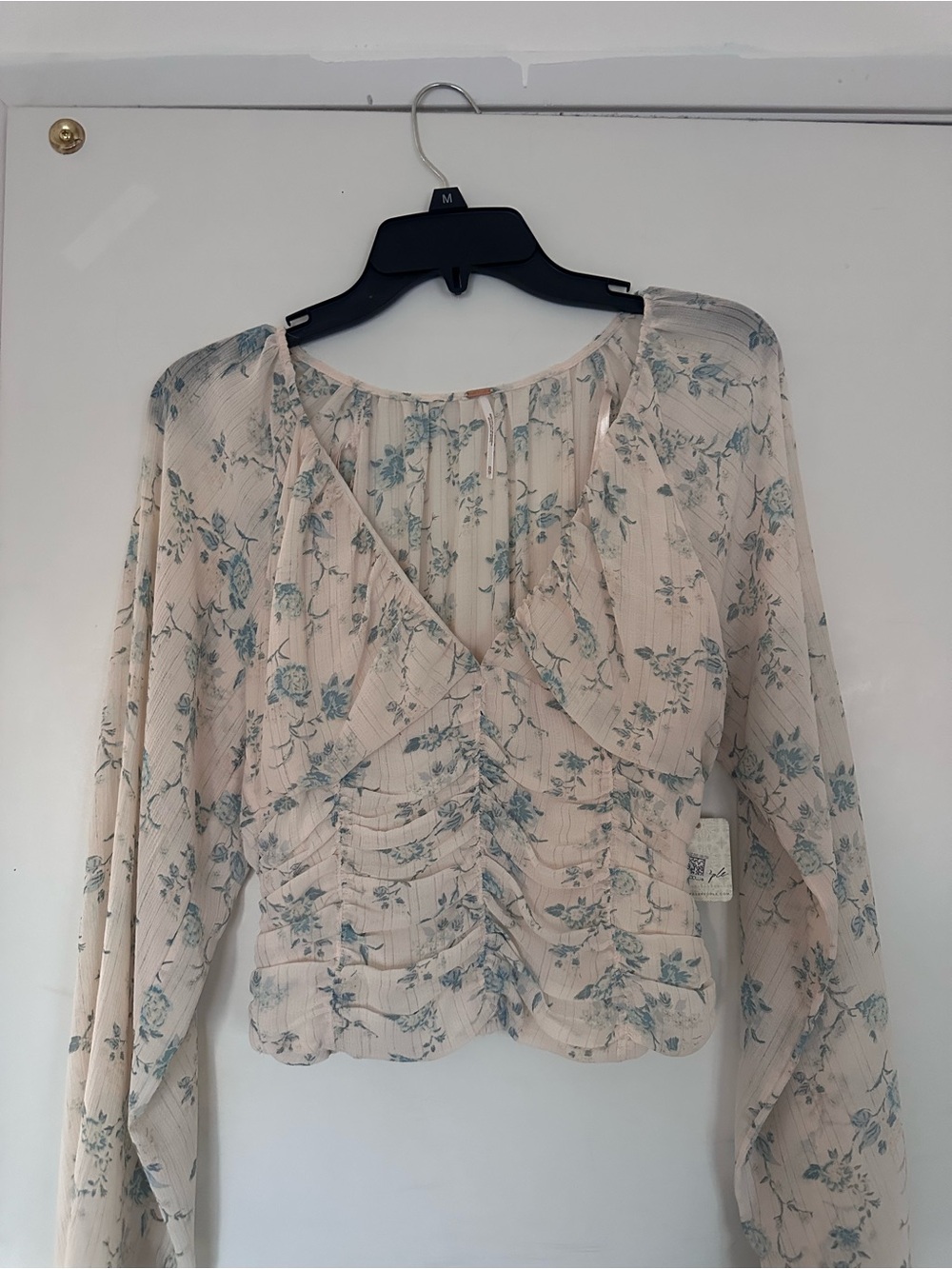 Free People Cream Blouse with Blue Floral Print